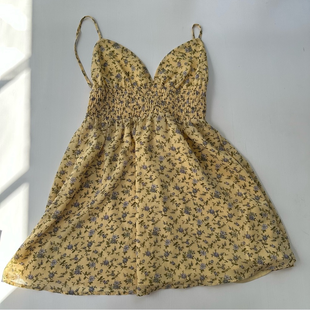 Forever 21 Yellow Floral Smocked Midi Dress